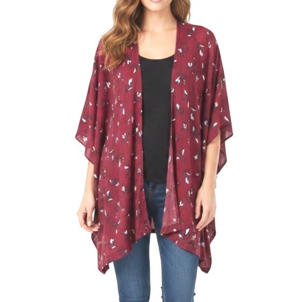LOFT Ann Taylor OPEN FRONT Maroon FLORAL PRINT Thin Cardigan/Kimono Top XS/S